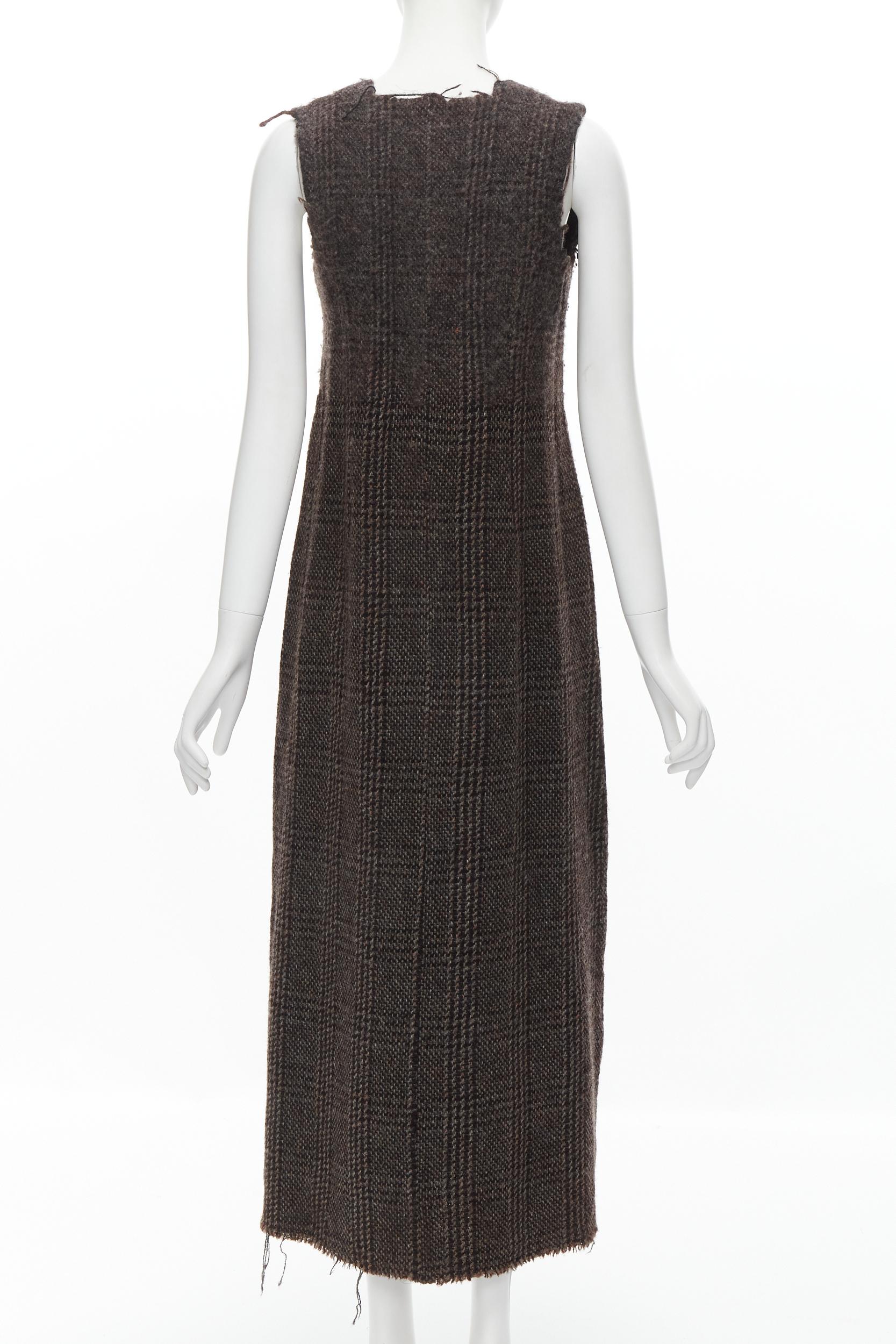 Women's COMME DES GARCONS Vintage 1994 check boiled wool tweed raw frayed midi dress M For Sale