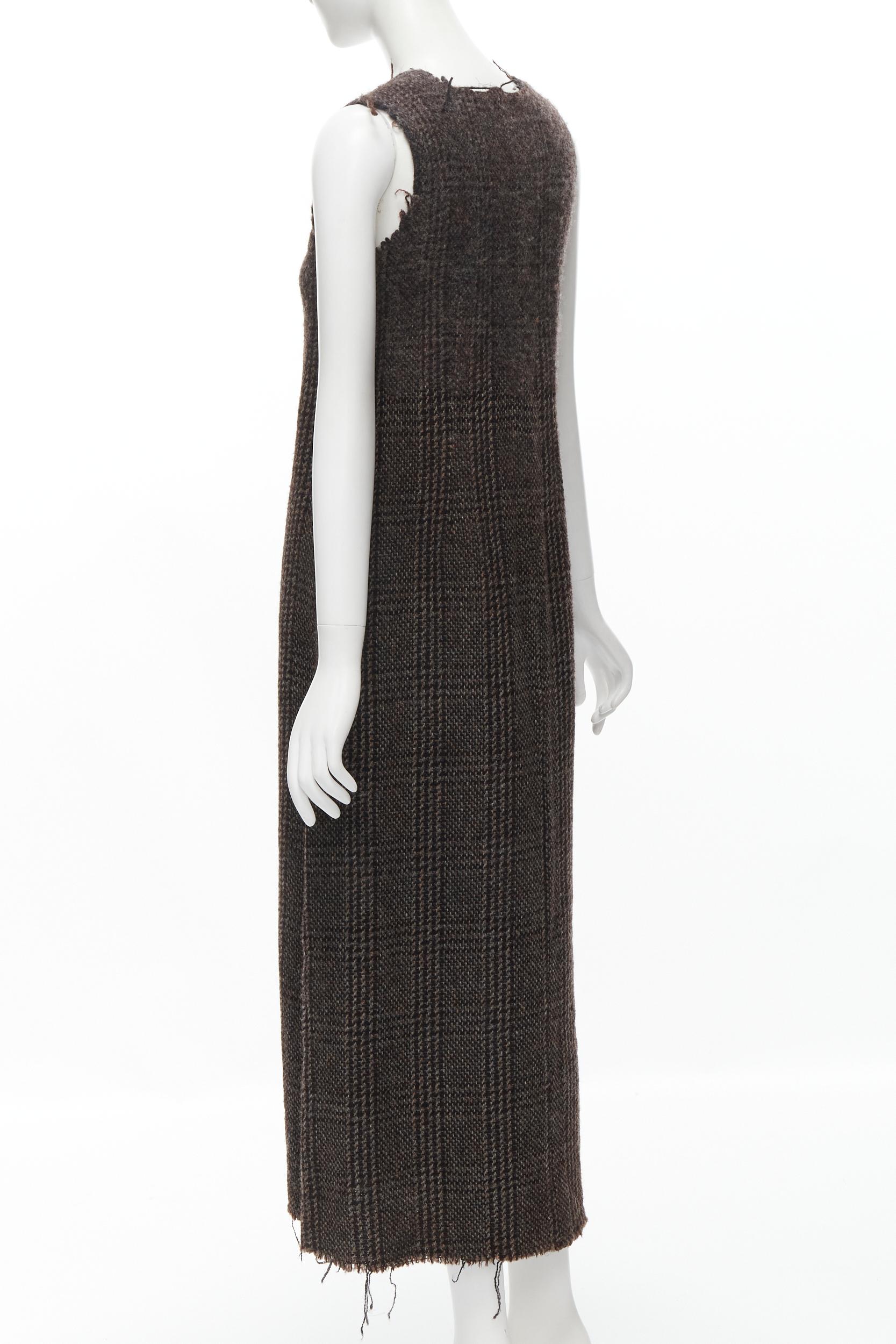 COMME DES GARCONS Vintage 1994 check boiled wool tweed raw frayed midi dress M For Sale 1
