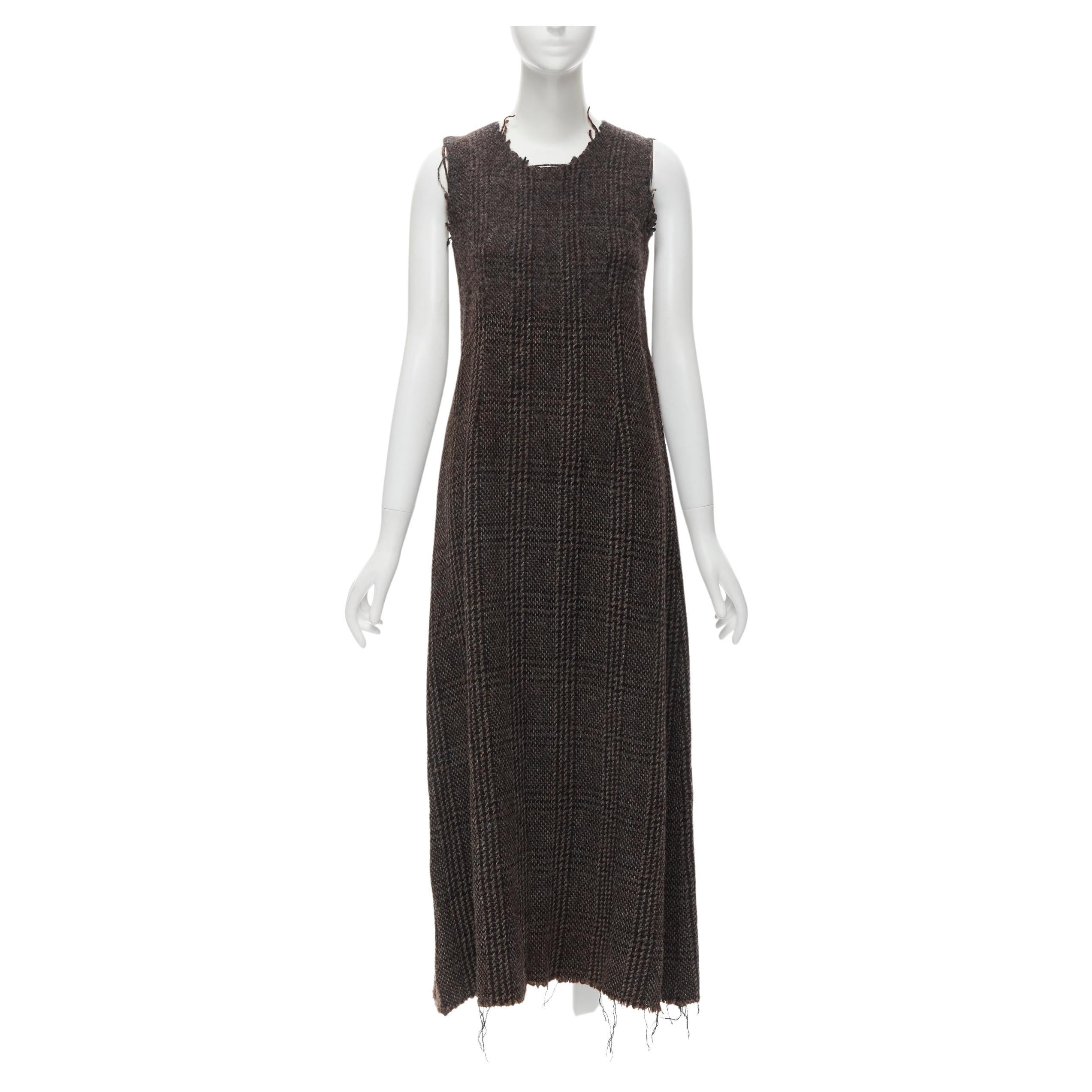 COMME DES GARCONS Vintage 1994 check boiled wool tweed raw frayed midi dress M For Sale