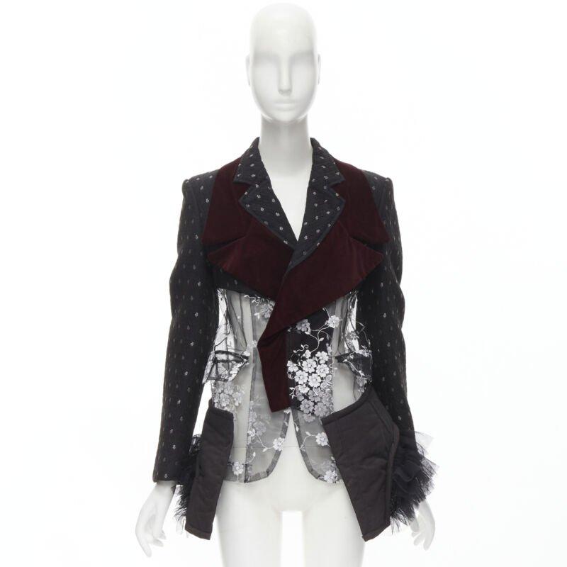 COMME DES GARCONS Vintage 2001 Runway black velvet floral mesh  tulle blazer S 7