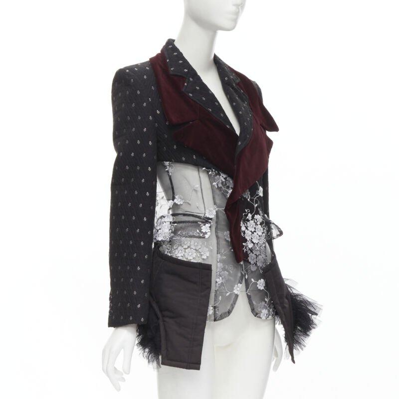 Black COMME DES GARCONS Vintage 2001 Runway black velvet floral mesh  tulle blazer S