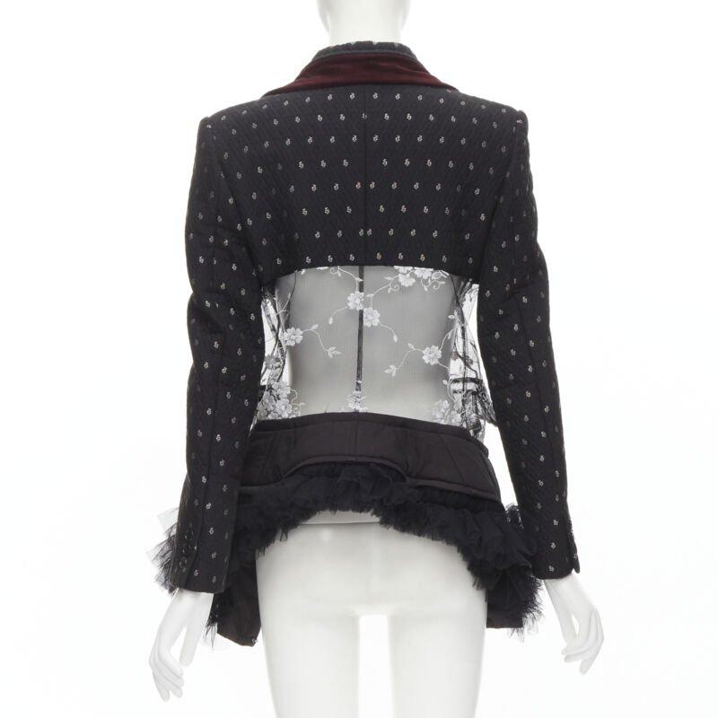 Women's COMME DES GARCONS Vintage 2001 Runway black velvet floral mesh  tulle blazer S