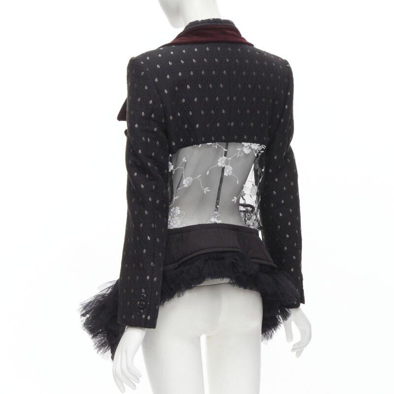 COMME DES GARCONS Vintage 2001 Runway black velvet floral mesh  tulle blazer S 1