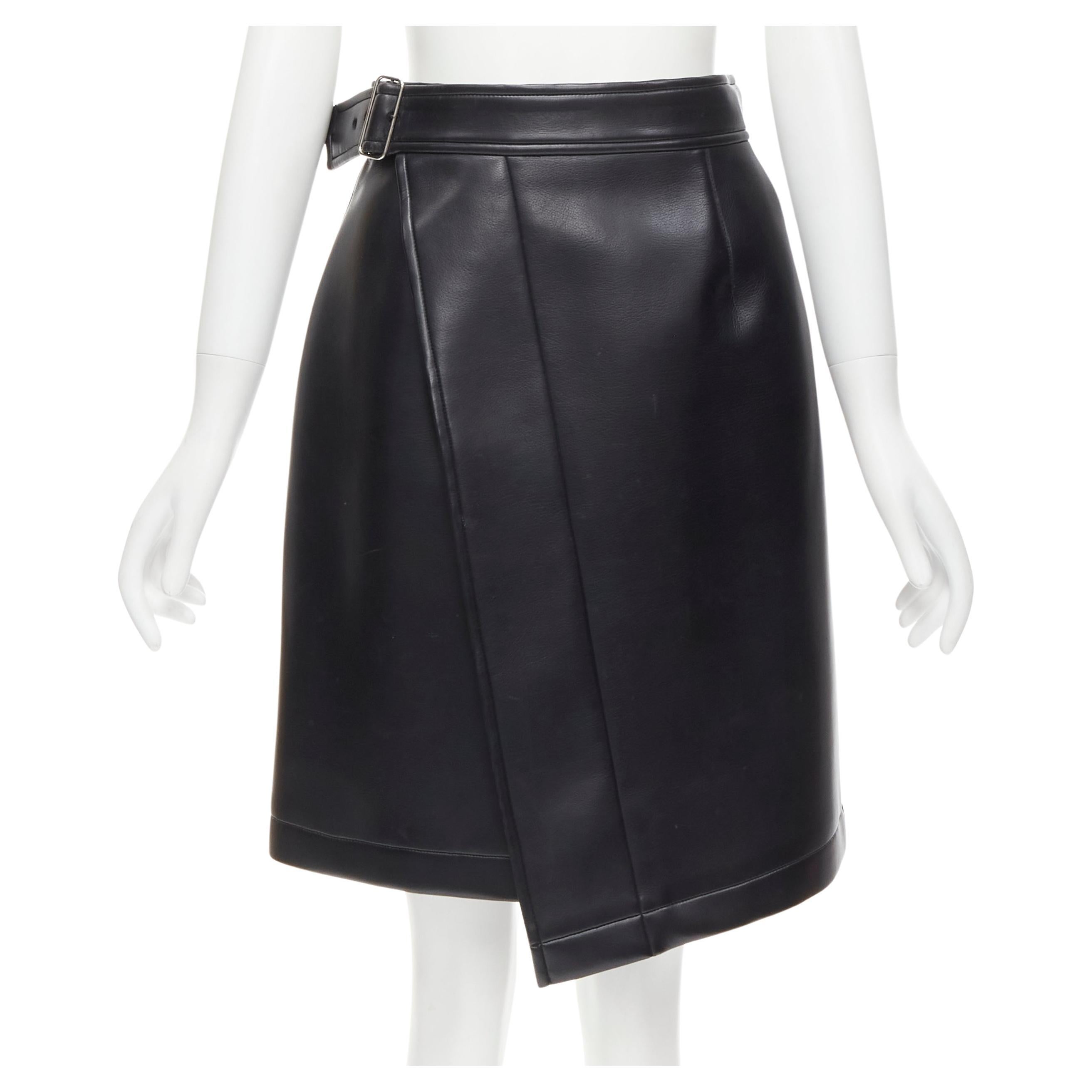 COMME DES GARCONS Vintage black faux leather silver buckle asymmetric skirt M For Sale