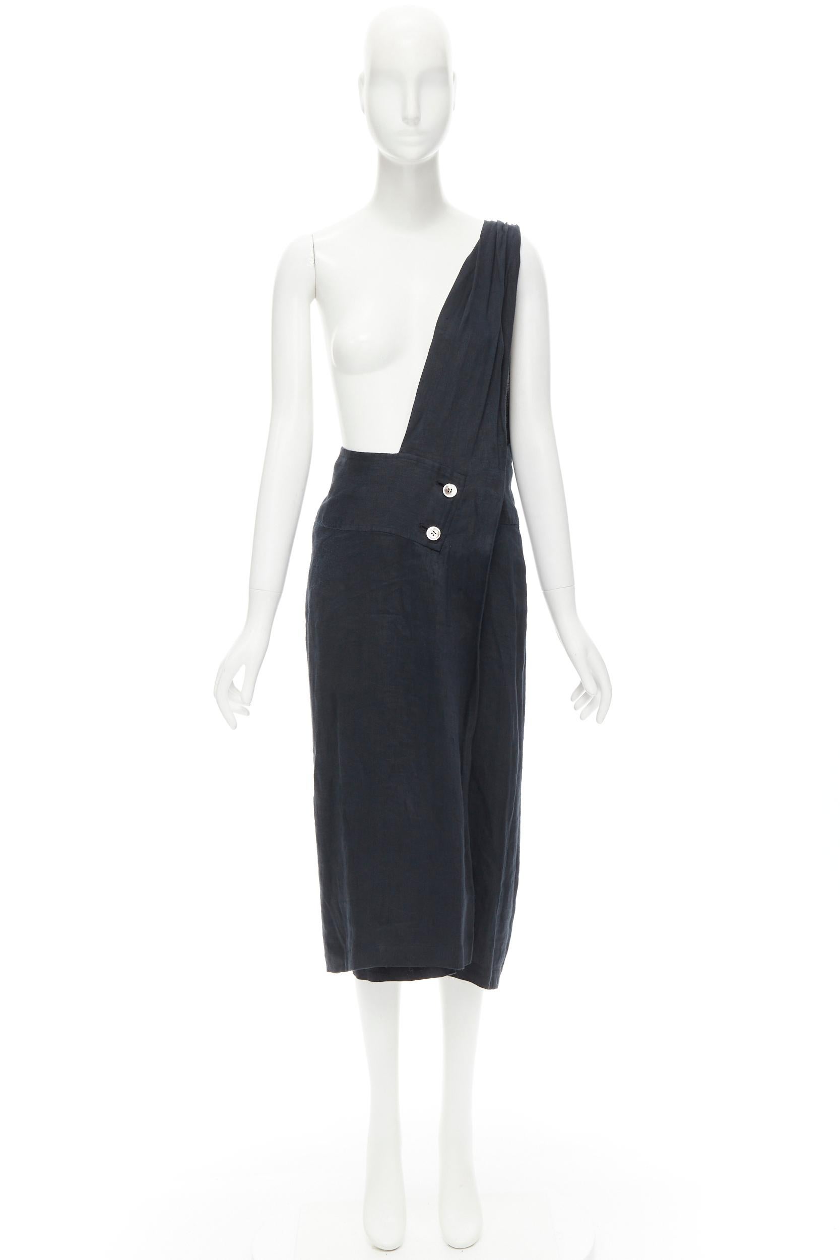 COMME DES GARCONS Vintage black linen one shoulder sash button dungaree skirt S For Sale 5