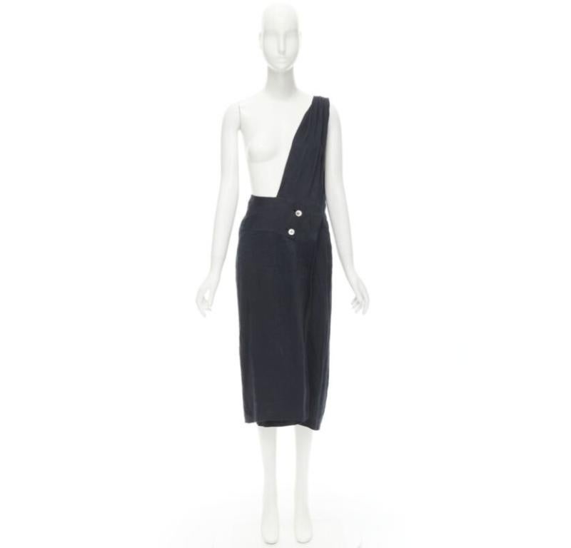 COMME DES GARCONS Gonna vintage in lino nera monospalla con bottoni a fascia S in vendita 5