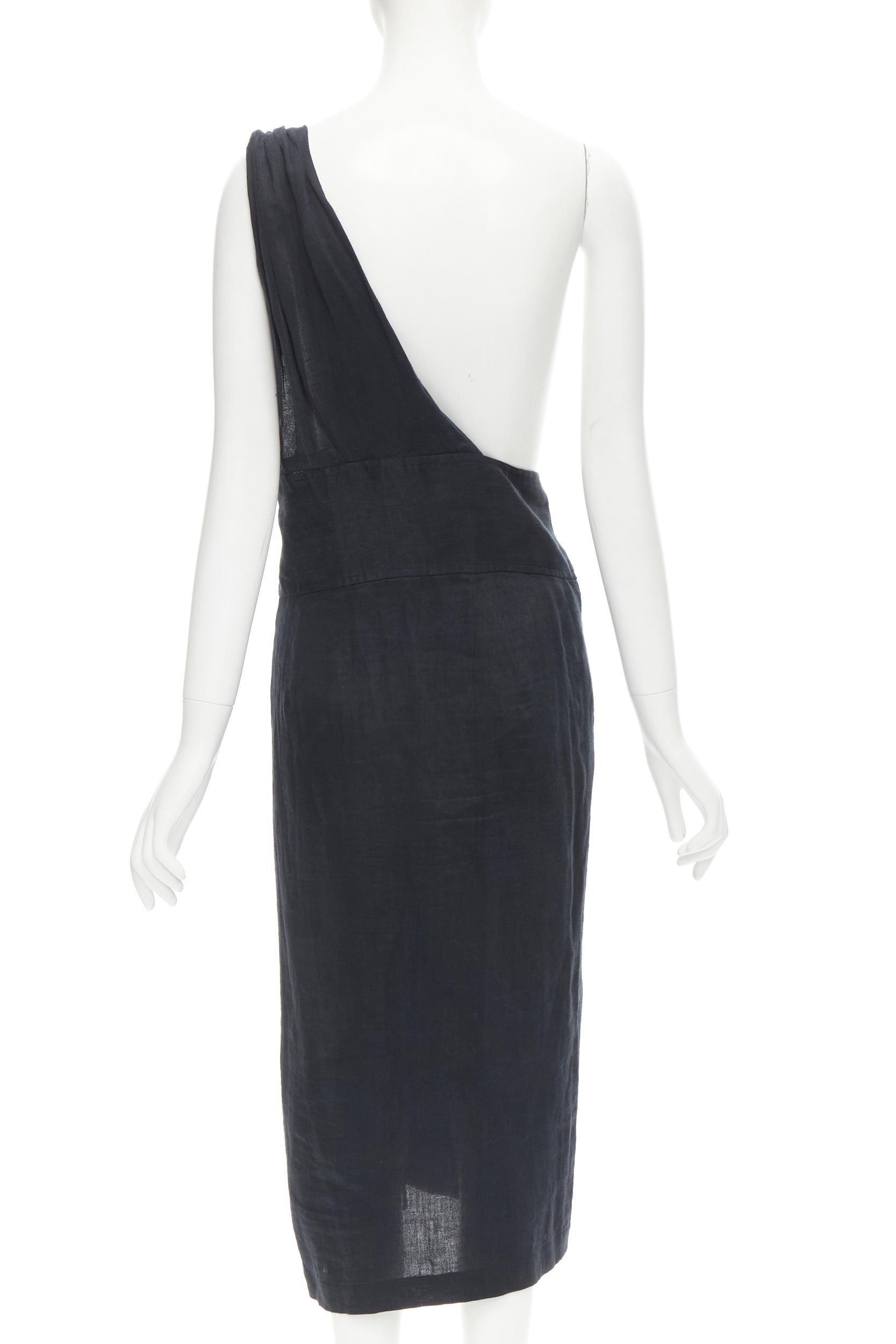 Women's COMME DES GARCONS Vintage black linen one shoulder sash button dungaree skirt S For Sale
