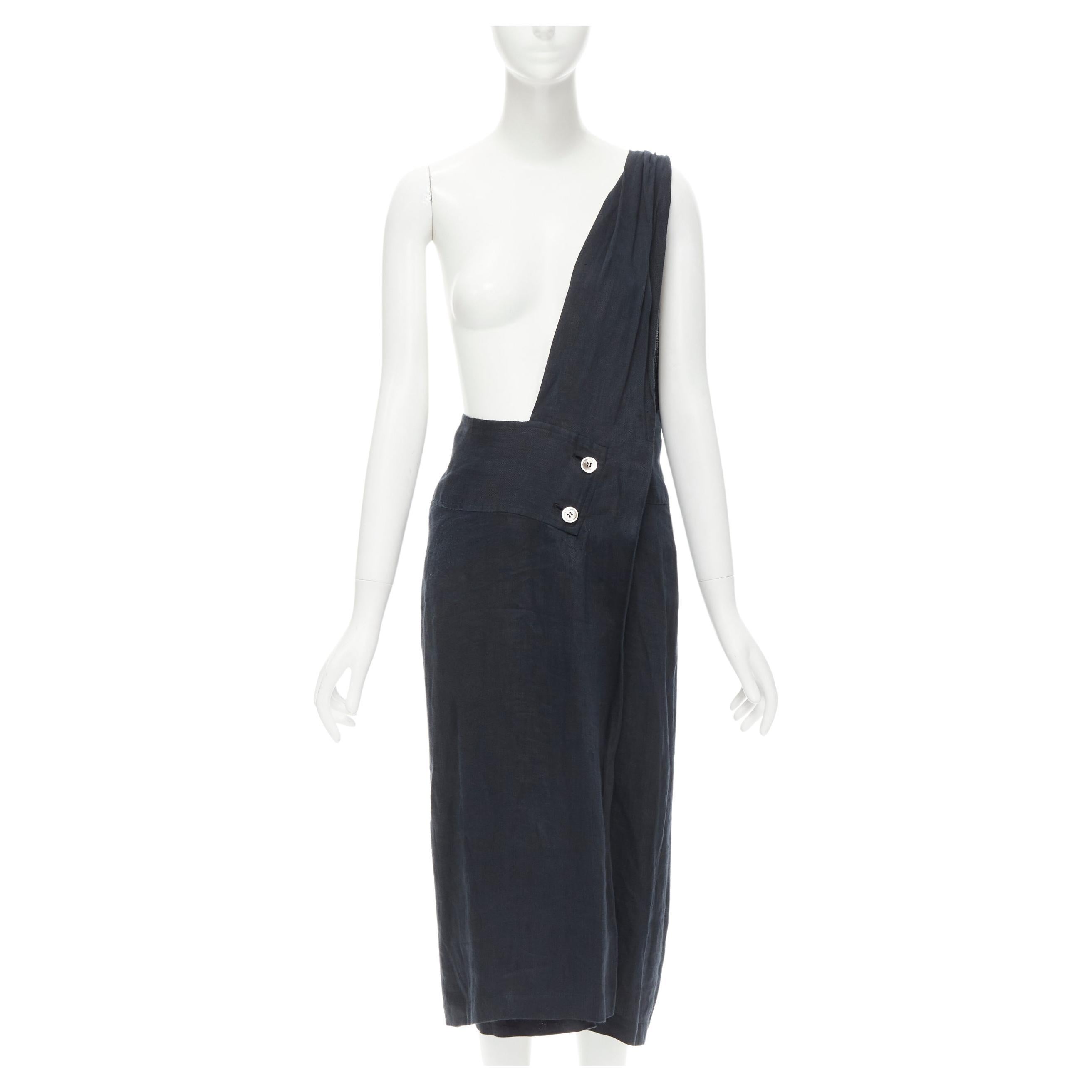 COMME DES GARCONS Vintage black linen one shoulder sash button dungaree skirt S For Sale