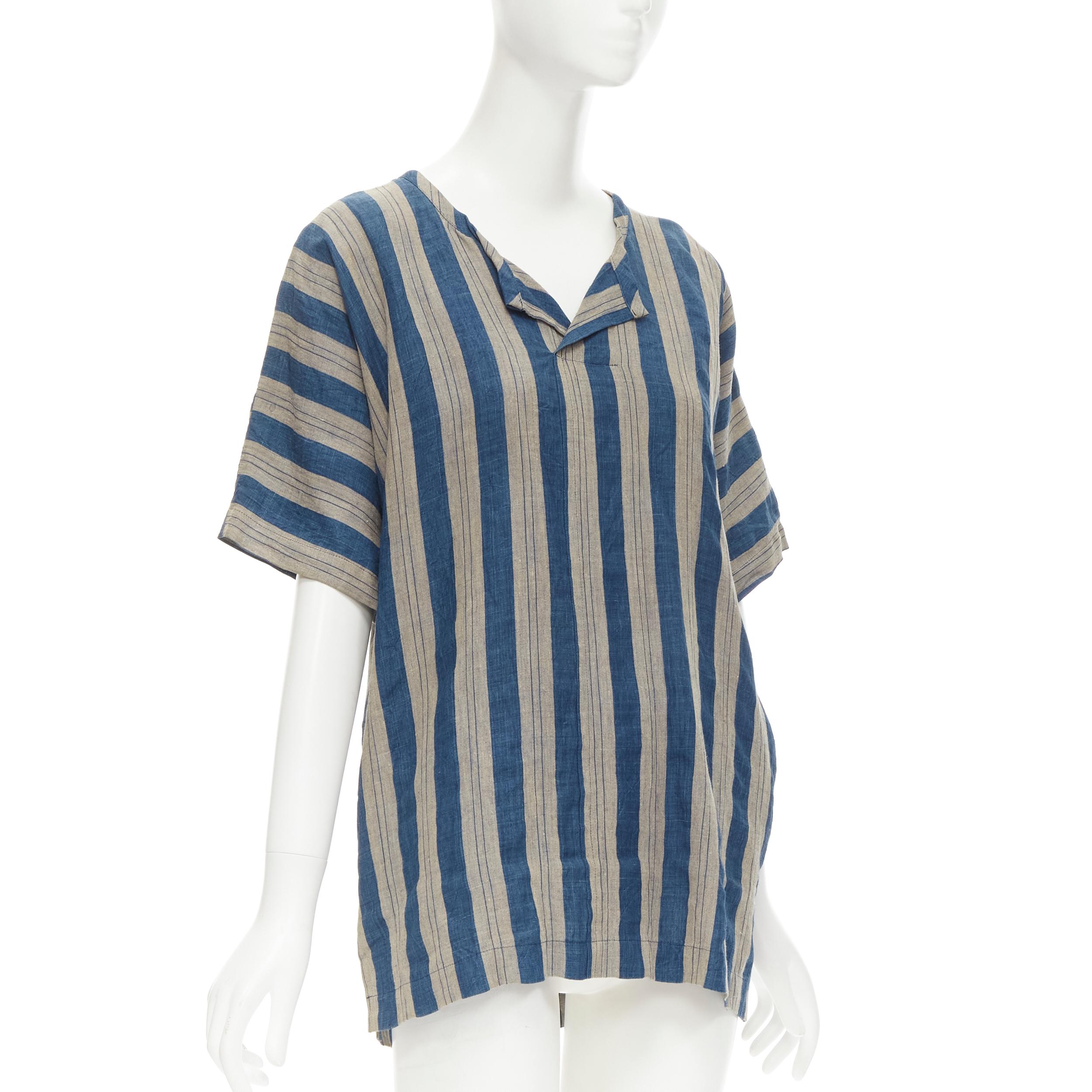 Gray COMME DES GARCONS Vintage brown blue striped linen boxy fit shirt S For Sale