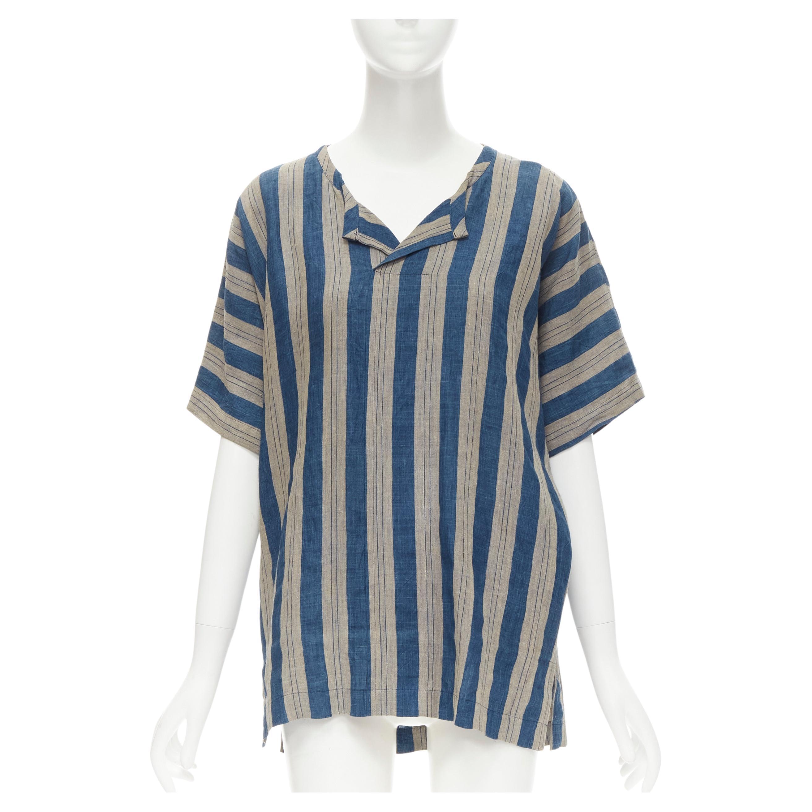 COMME DES GARCONS Vintage brown blue striped linen boxy fit shirt S For Sale