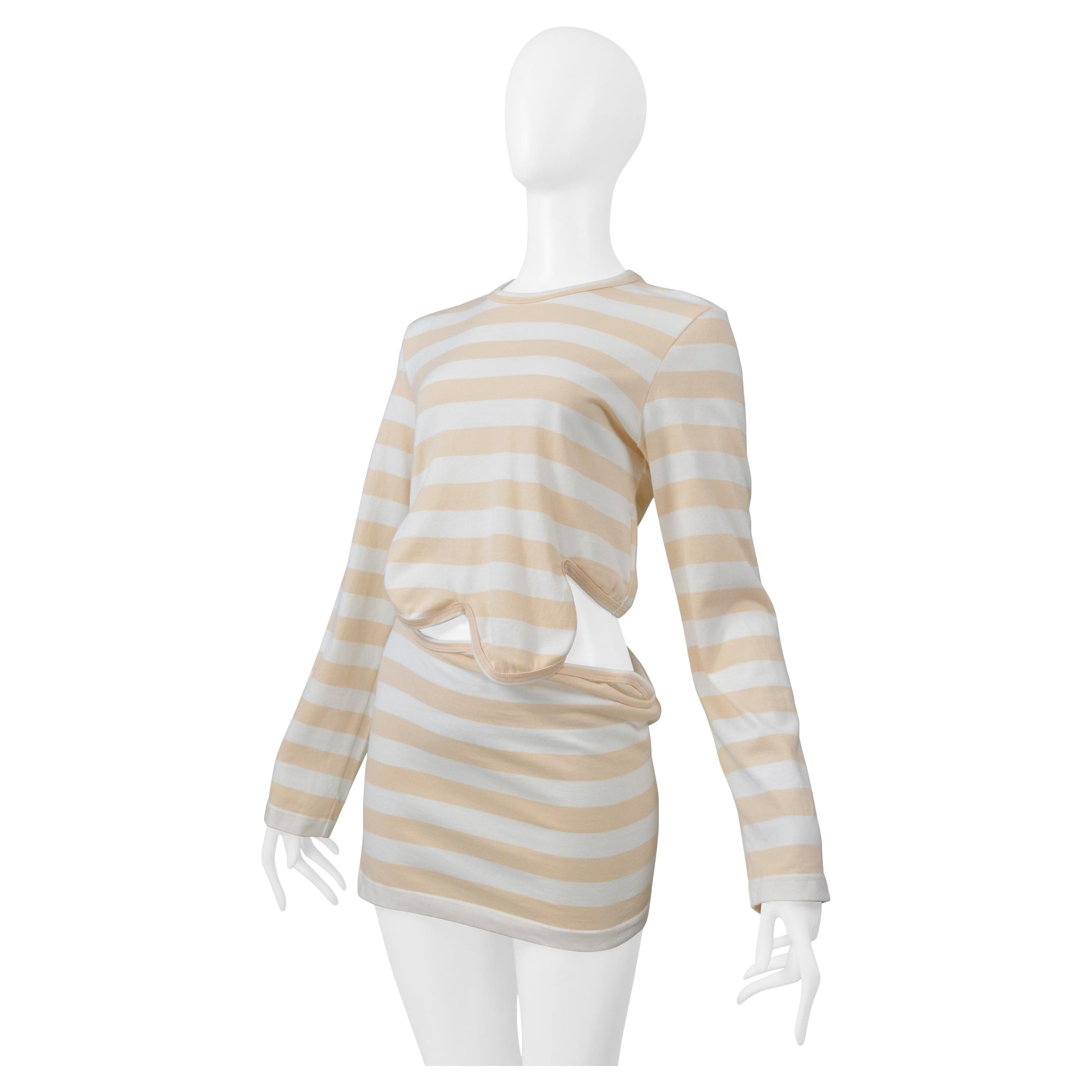 Comme Des Garcons - Camicia a maniche lunghe a righe bianche e abbronzate con ritaglio 2004 in vendita
