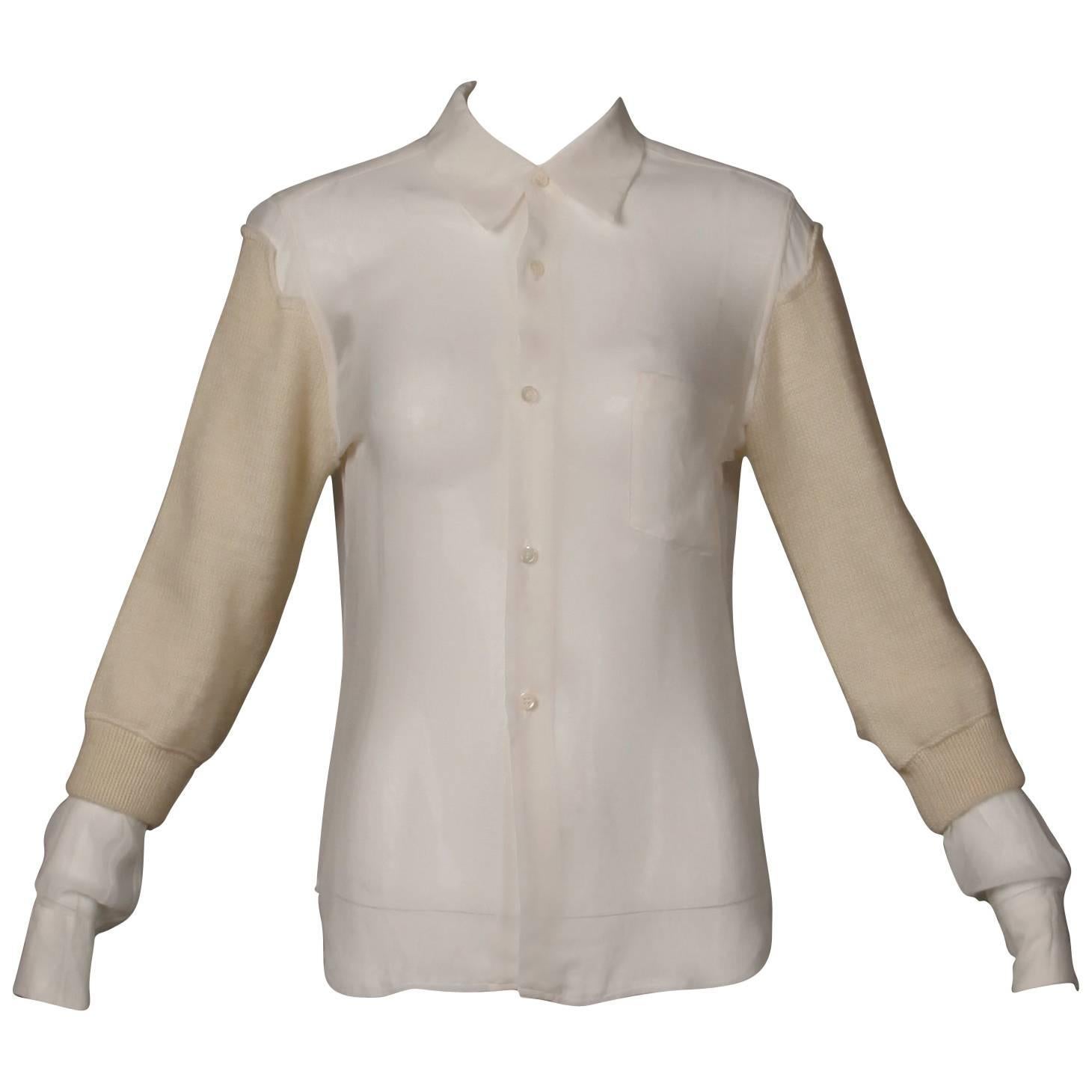 Comme des Garcons White Button Up Blouse Top/ Shirt with Cream Wool Knit Sleeves For Sale