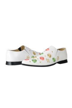 Comme Des Garcons White Leather Slip On Shoes W Pink And Green Embroidery 2004