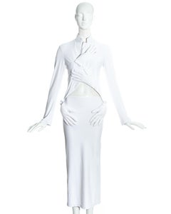 Comme des Garçons white lycra skirt suit with padded hand motifs, fw 2007