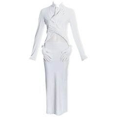 Comme des Garçons white lycra skirt suit with padded hand motifs, fw 2007