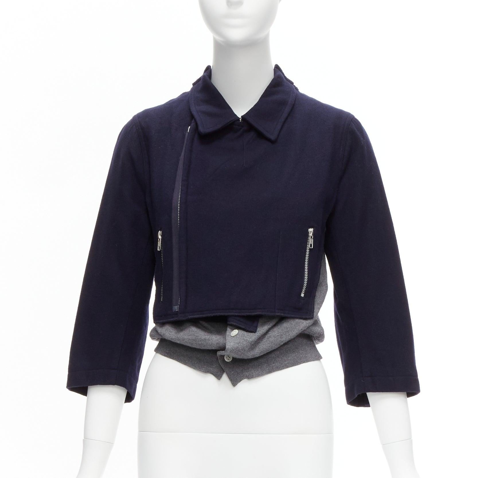 COMME DES GARCONS Dekonstruierte hybrid biker cropped Strickjacke aus Wolle in Marineblau und Grau S (Schwarz) im Angebot
