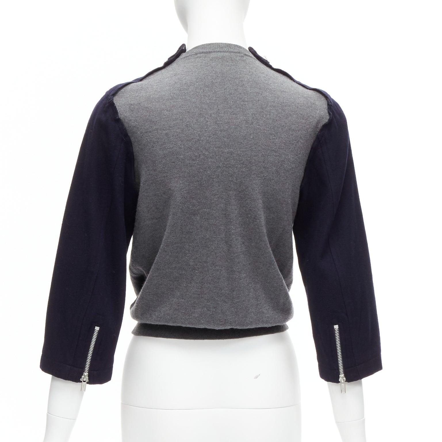 COMME DES GARCONS Dekonstruierte hybrid biker cropped Strickjacke aus Wolle in Marineblau und Grau S Damen im Angebot