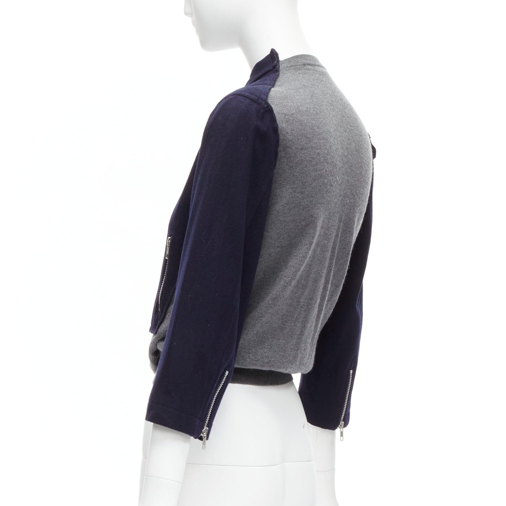 COMME DES GARCONS Dekonstruierte hybrid biker cropped Strickjacke aus Wolle in Marineblau und Grau S im Angebot 1