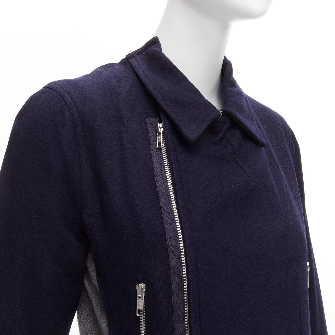 COMME DES GARCONS Dekonstruierte hybrid biker cropped Strickjacke aus Wolle in Marineblau und Grau S im Angebot 2