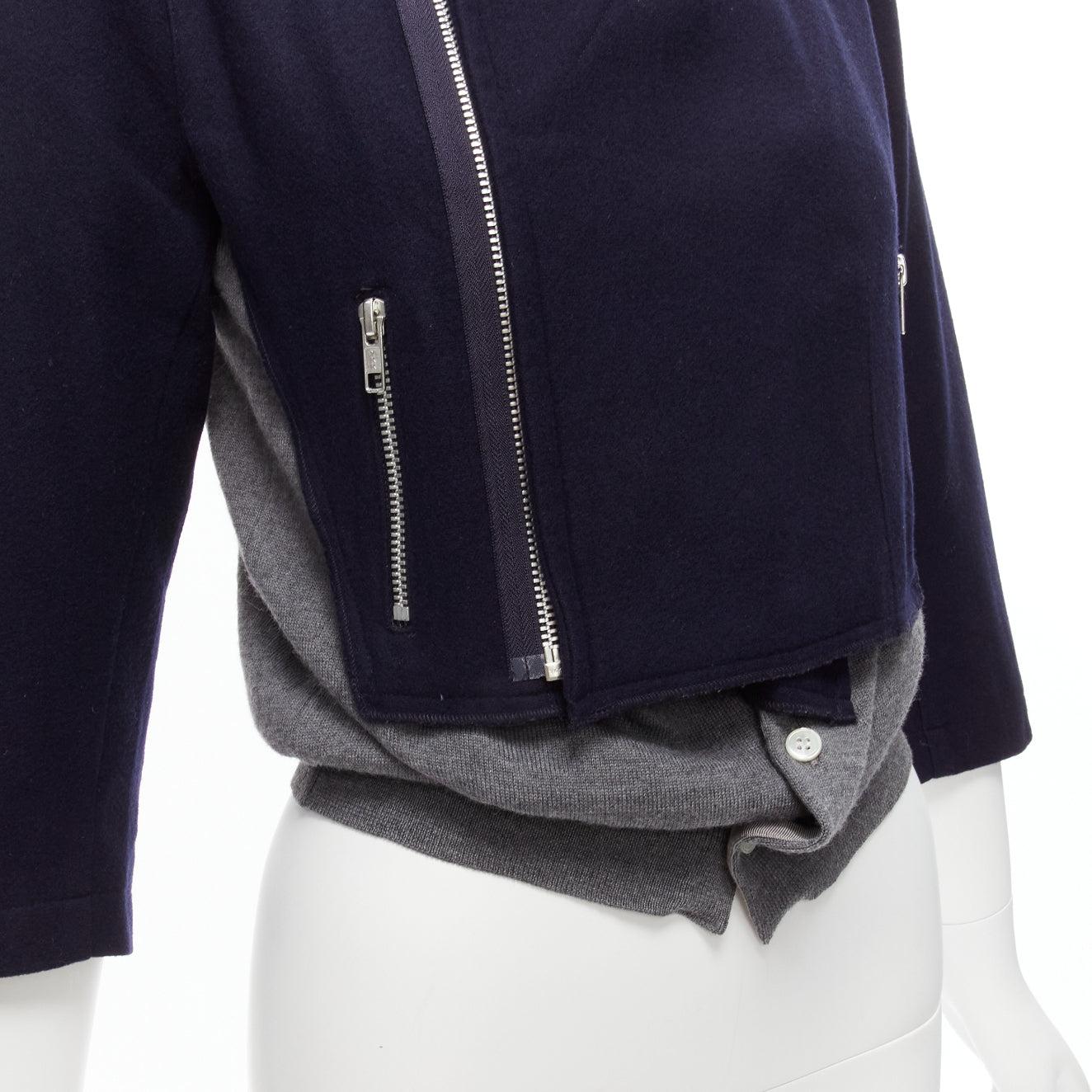 COMME DES GARCONS Dekonstruierte hybrid biker cropped Strickjacke aus Wolle in Marineblau und Grau S im Angebot 3