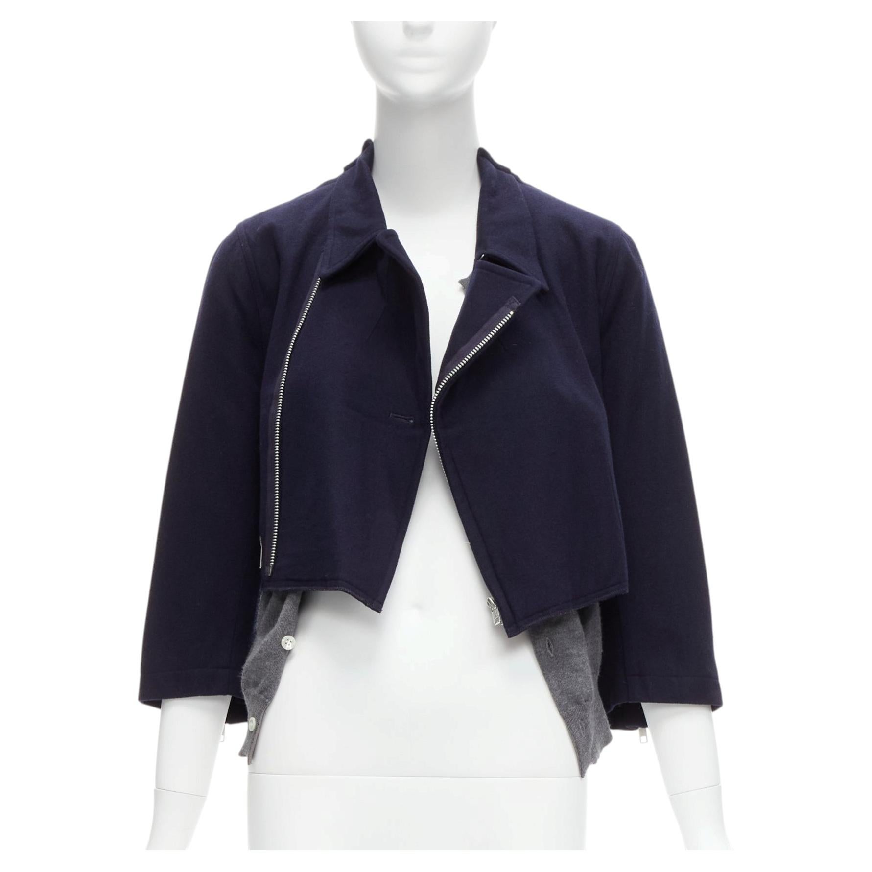 COMME DES GARCONS wool navy grey deconstructed hybrid biker cropped cardigan S