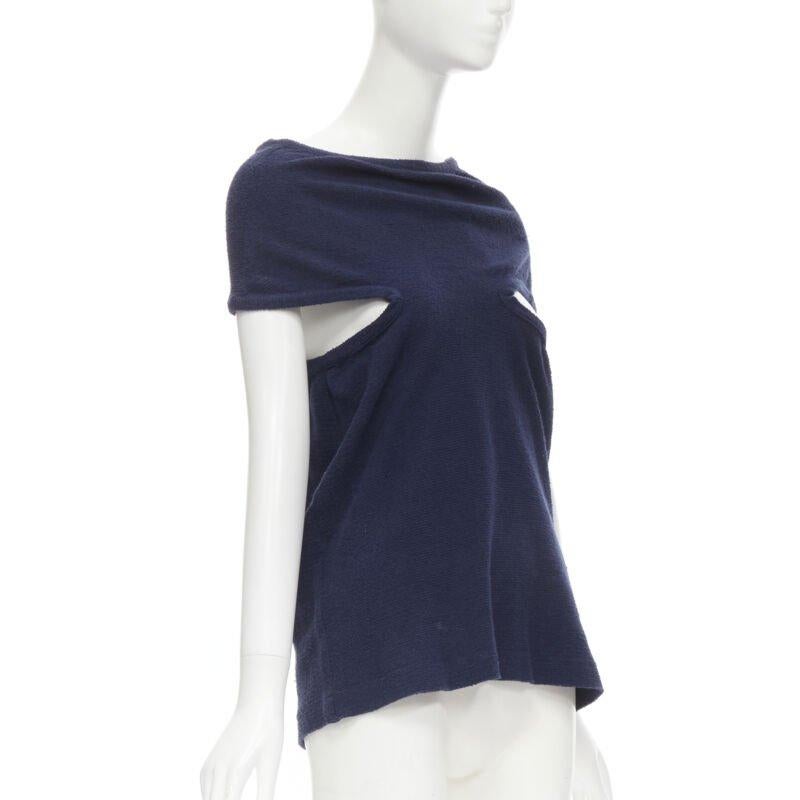 Black COMME DS GARCONS Vintage navy blue terry cotton angular cut armhole zip top M For Sale