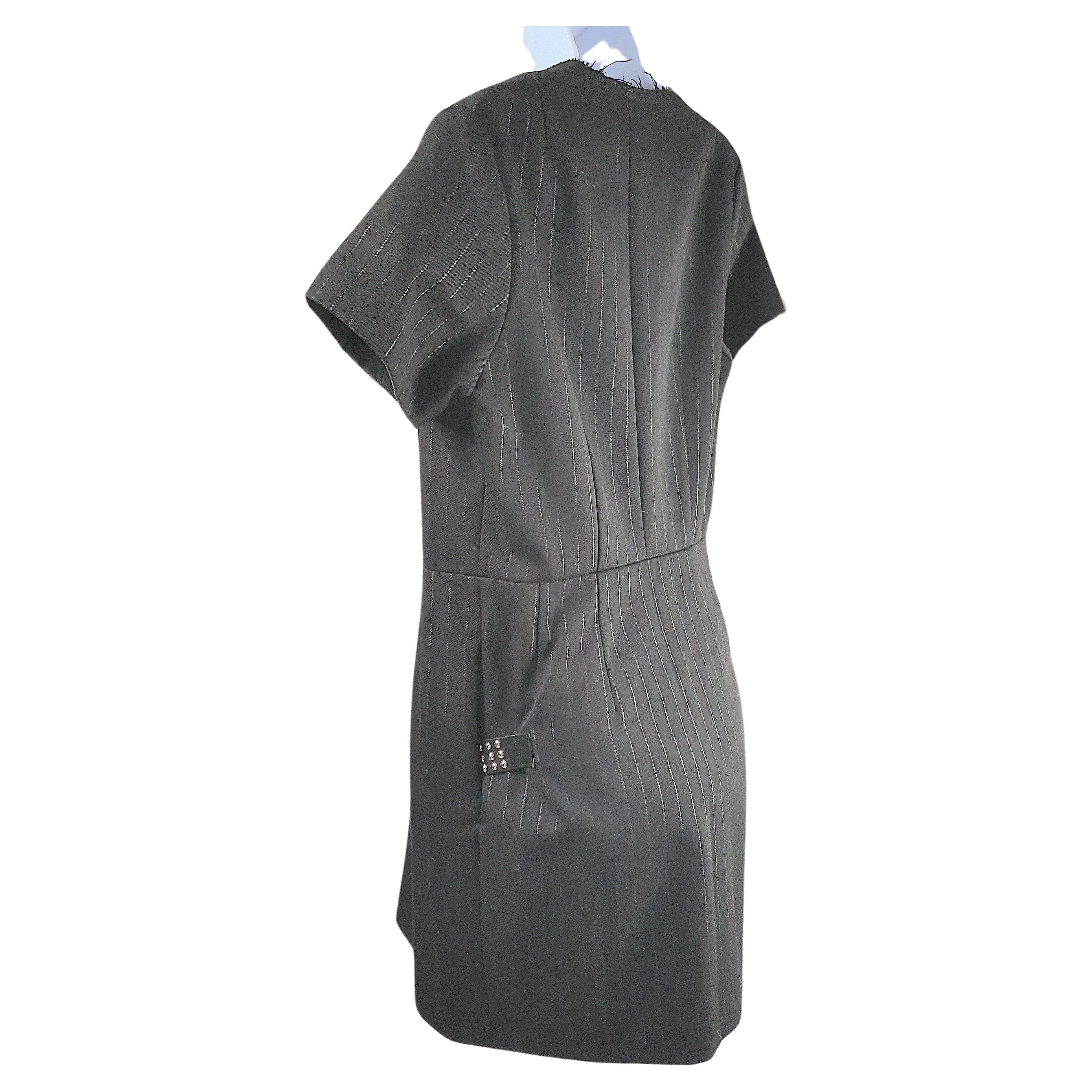 Women's or Men's CommeDesGarcons 2000 StuddedLeather PinstripeWool RawEdgeNeck HalfDress Topcoat For Sale