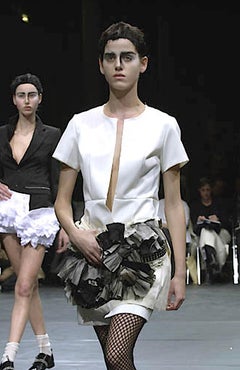 CommeDesGarcons Runway StuddedLeather PinstripeWool HalfDress TopCoat, F/W2000