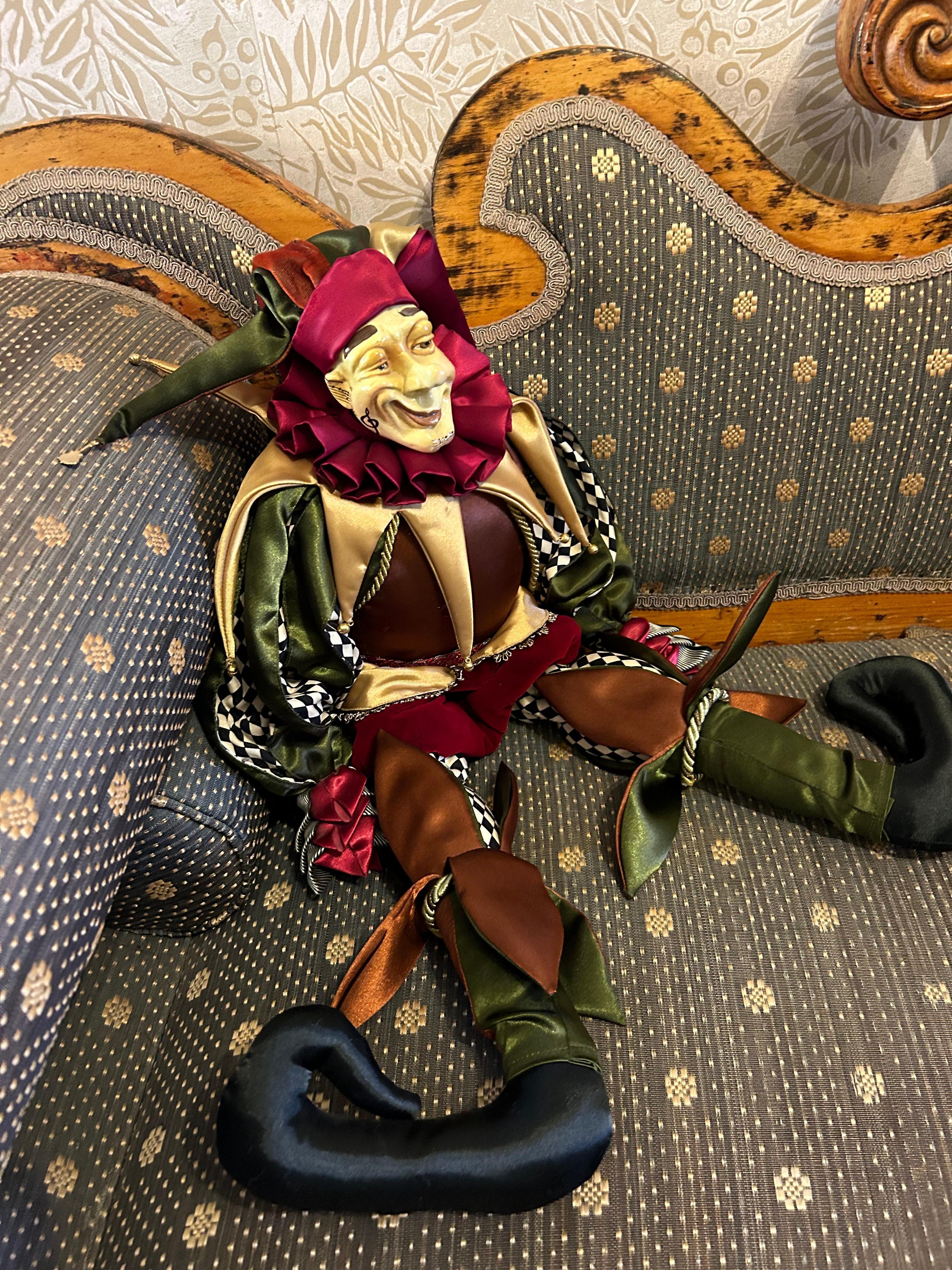Hand-Crafted Commedia Dell'arte Harlequin Doll, Silk and Papier Mache, Italy For Sale