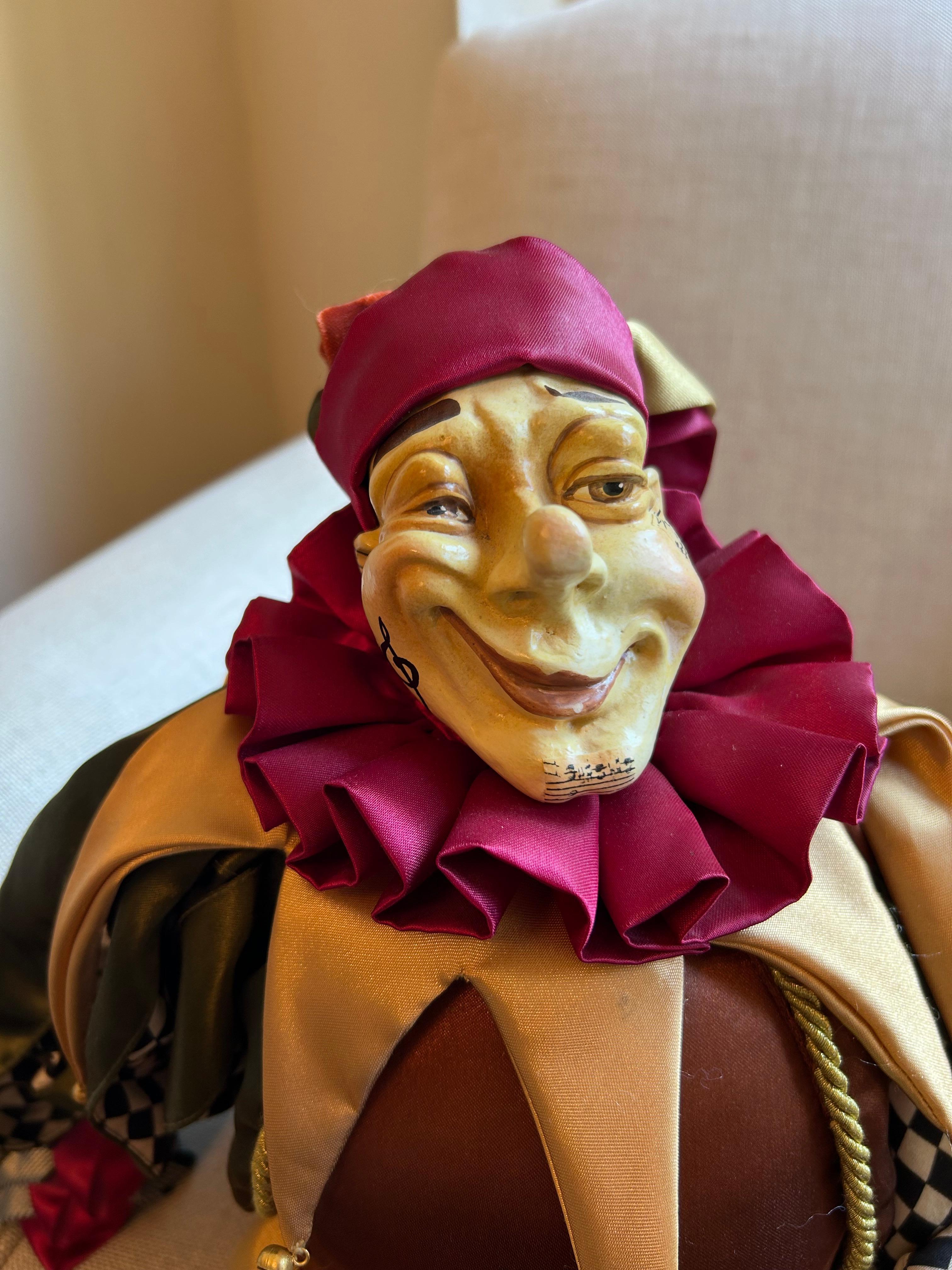 Commedia Dell'arte Harlequin Doll, Silk and Papier Mache, Italy In Excellent Condition For Sale In Toronto, CA