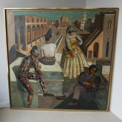 'Commedia dell'arte' Oil on Board Painting by Bruno Capacci (1906 - 1996)