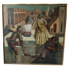 « Commedia dell'arte », peinture à l'huile sur panneau de Bruno Capacci (1906 - 1996)