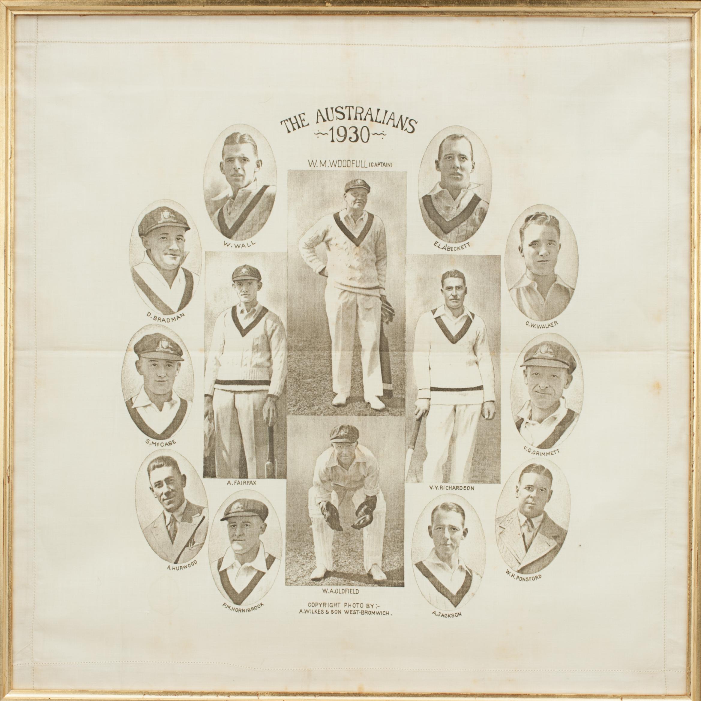 Commemorative 1930s Australian Cricket Handkerchief.
A gentleman's linen handkerchief produced to commemorate the 1930 tour of England by the Australian Test team captained by W.M. Woodful and within it's squad Australia's most famous cricketer -