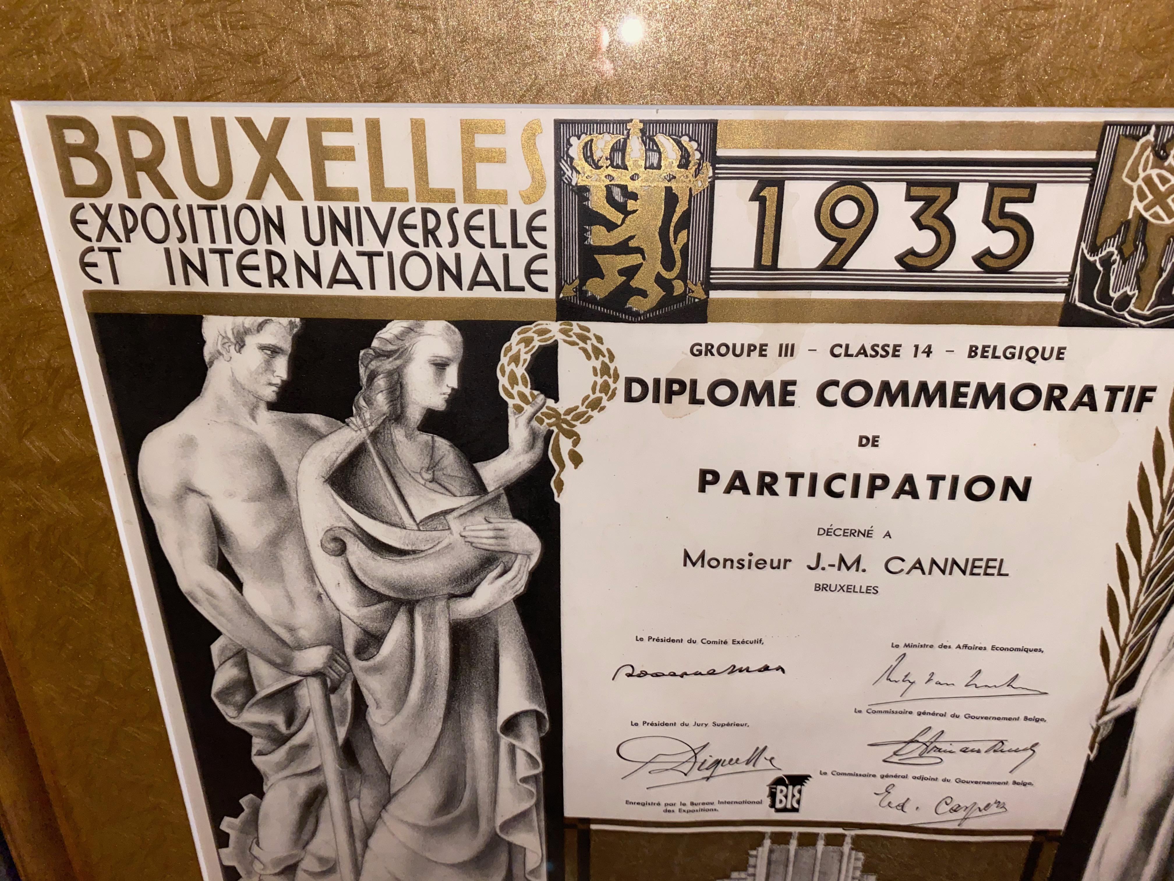 Diploma commemorativo per l'Esposizione Artistica Belga Art Deco In condizioni buone in vendita a Oakland, CA