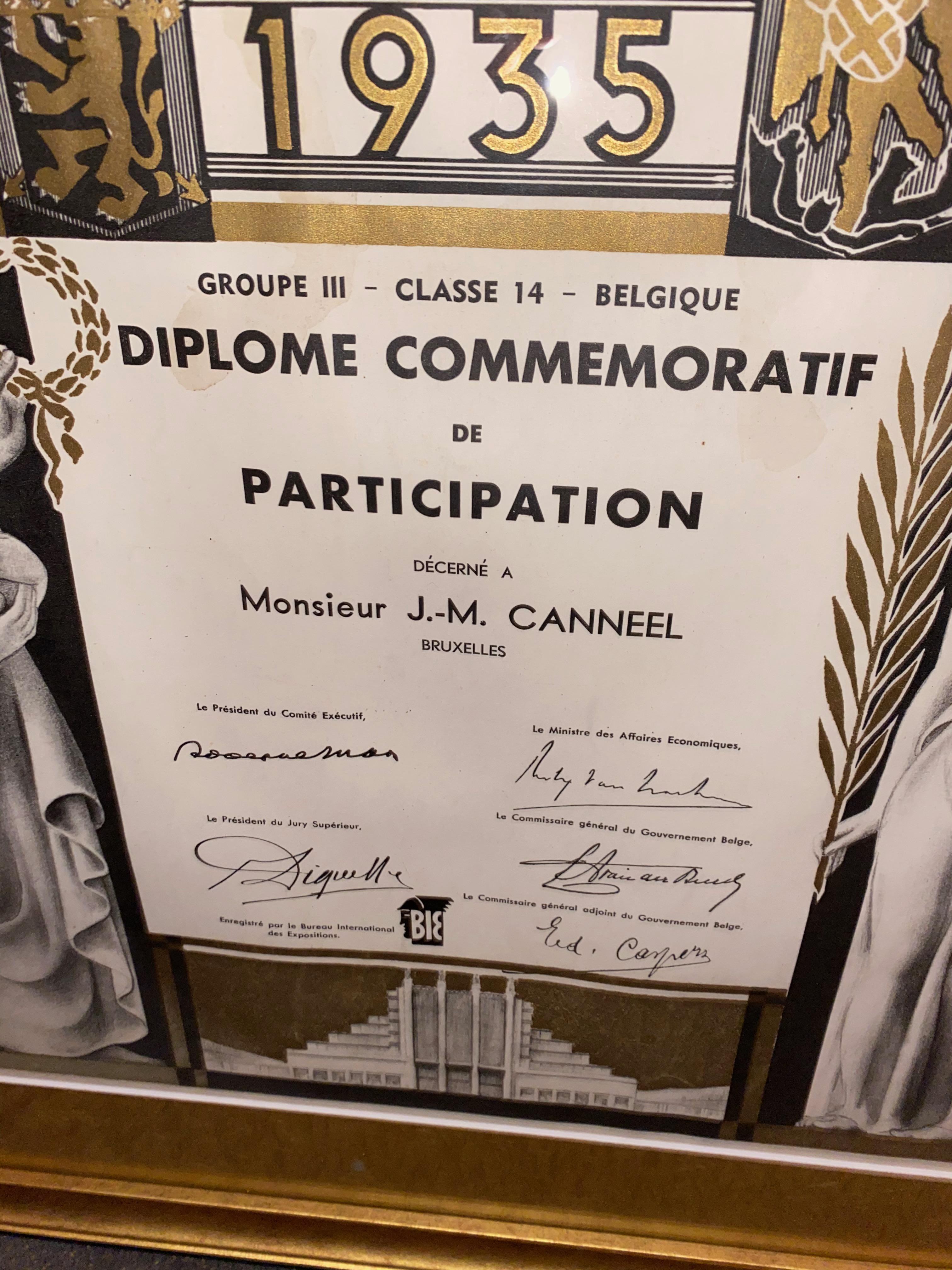 Metà XX secolo Diploma commemorativo per l'Esposizione Artistica Belga Art Deco in vendita