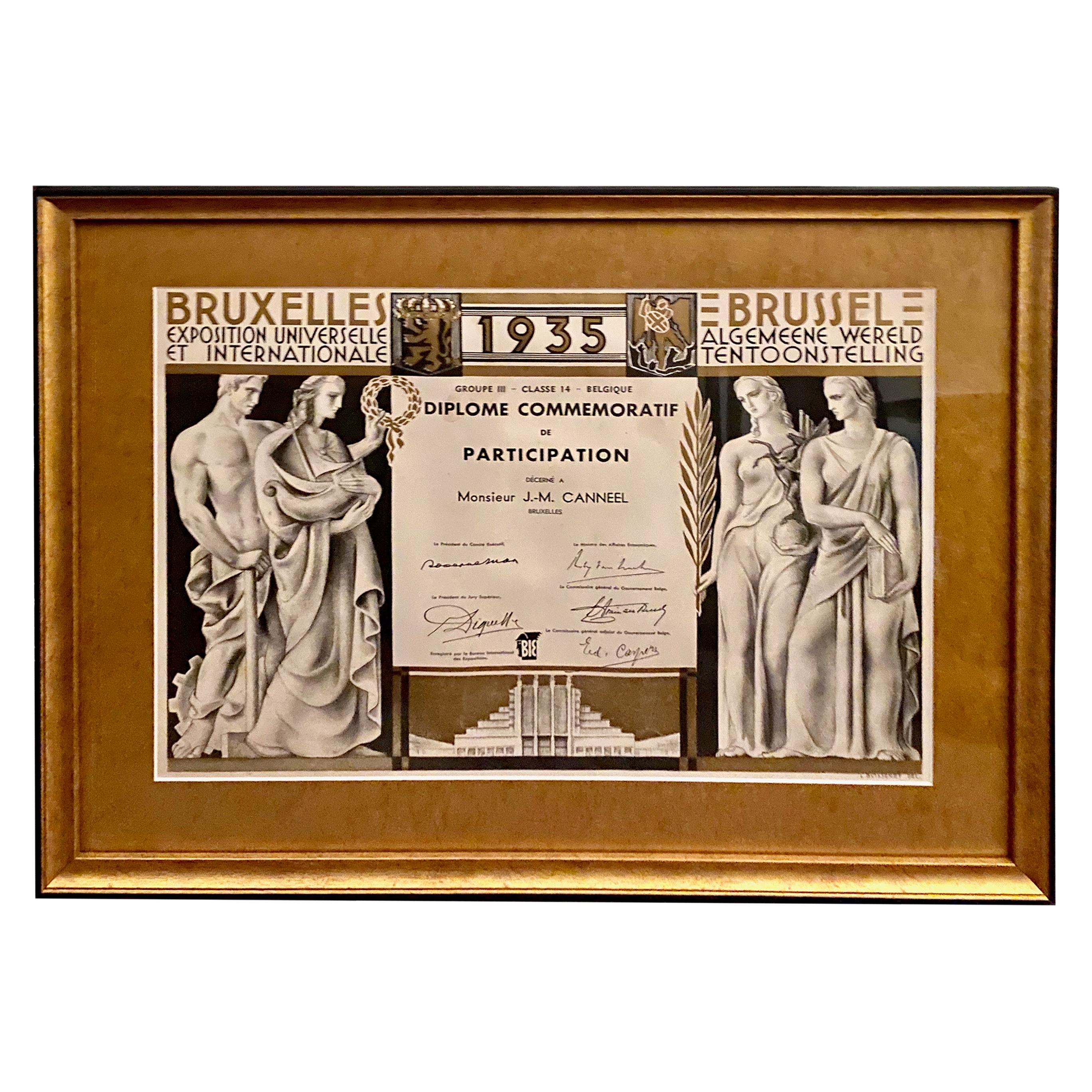 Commemorative Diploma for Belgian Artistic Art Deco Exposition For Sale