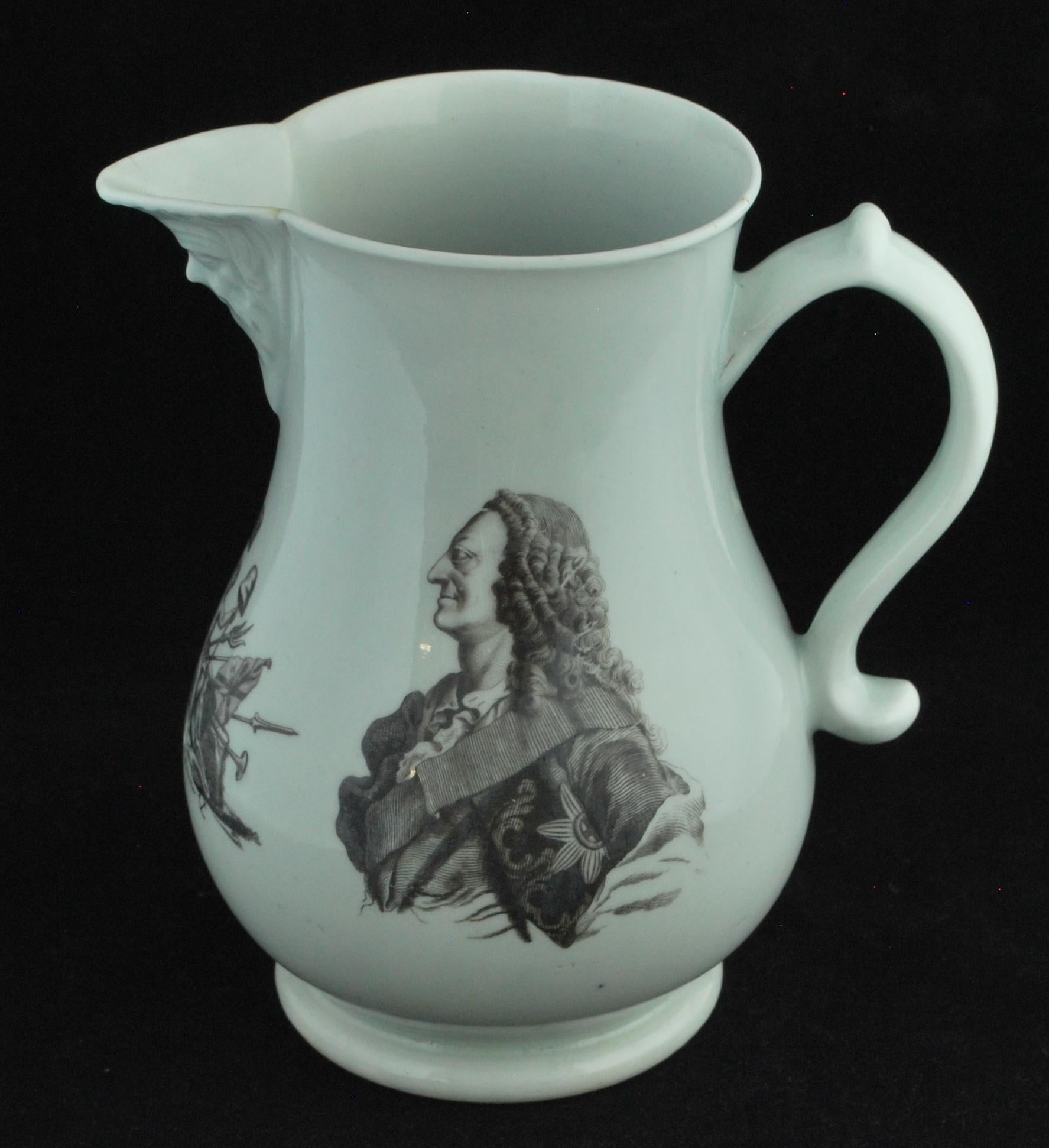 An unusual print, sometimes seen on mugs; exceptionally rare to find it on a jug. King George II died in 1760, and so any Worcester commemoratives of him are scarce. The print commemorates the King’s naval battles, and also has the Worcester mark