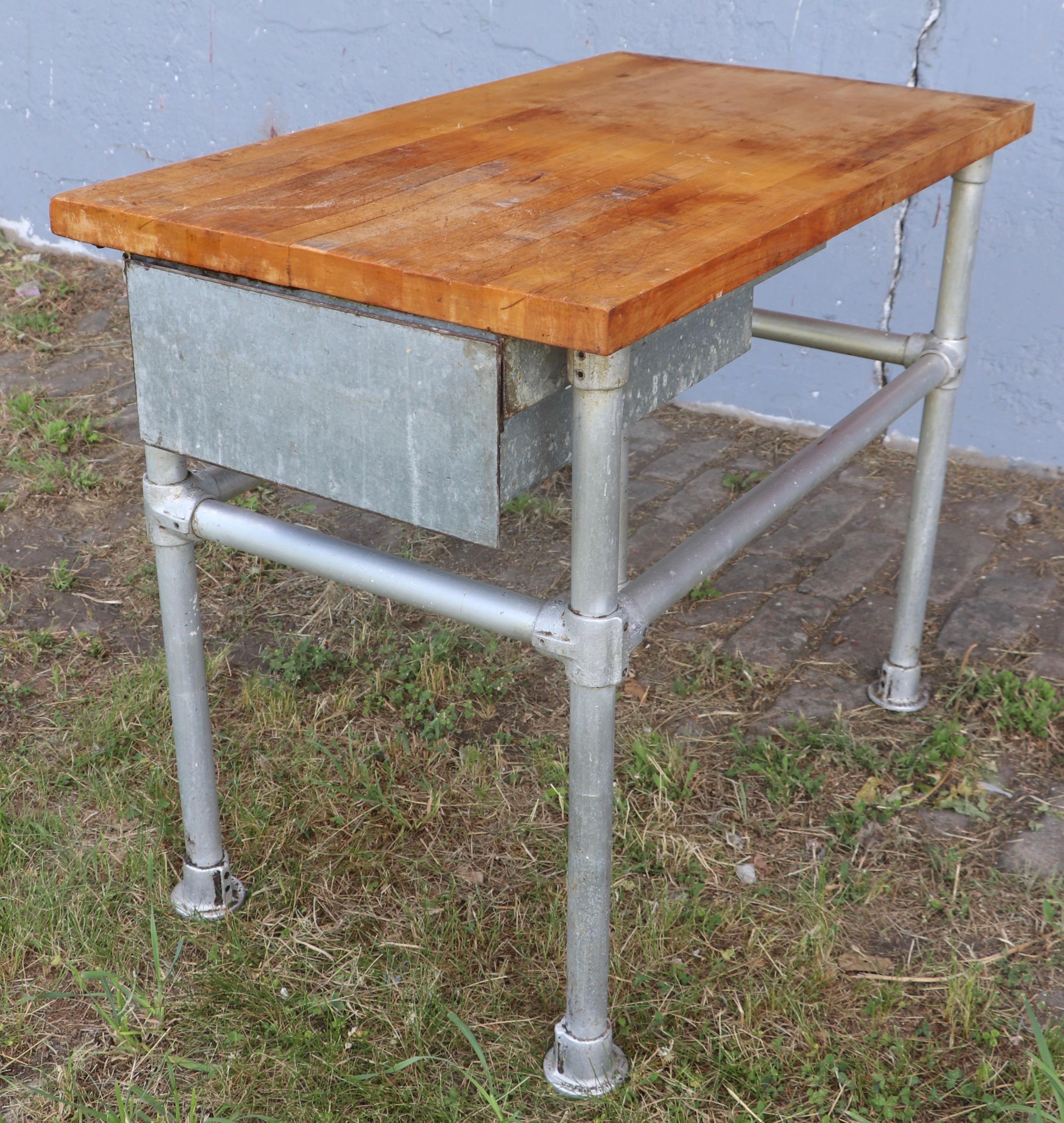 Industrial Commercial Butcher Block and Iron Work Table with Storage Drawer