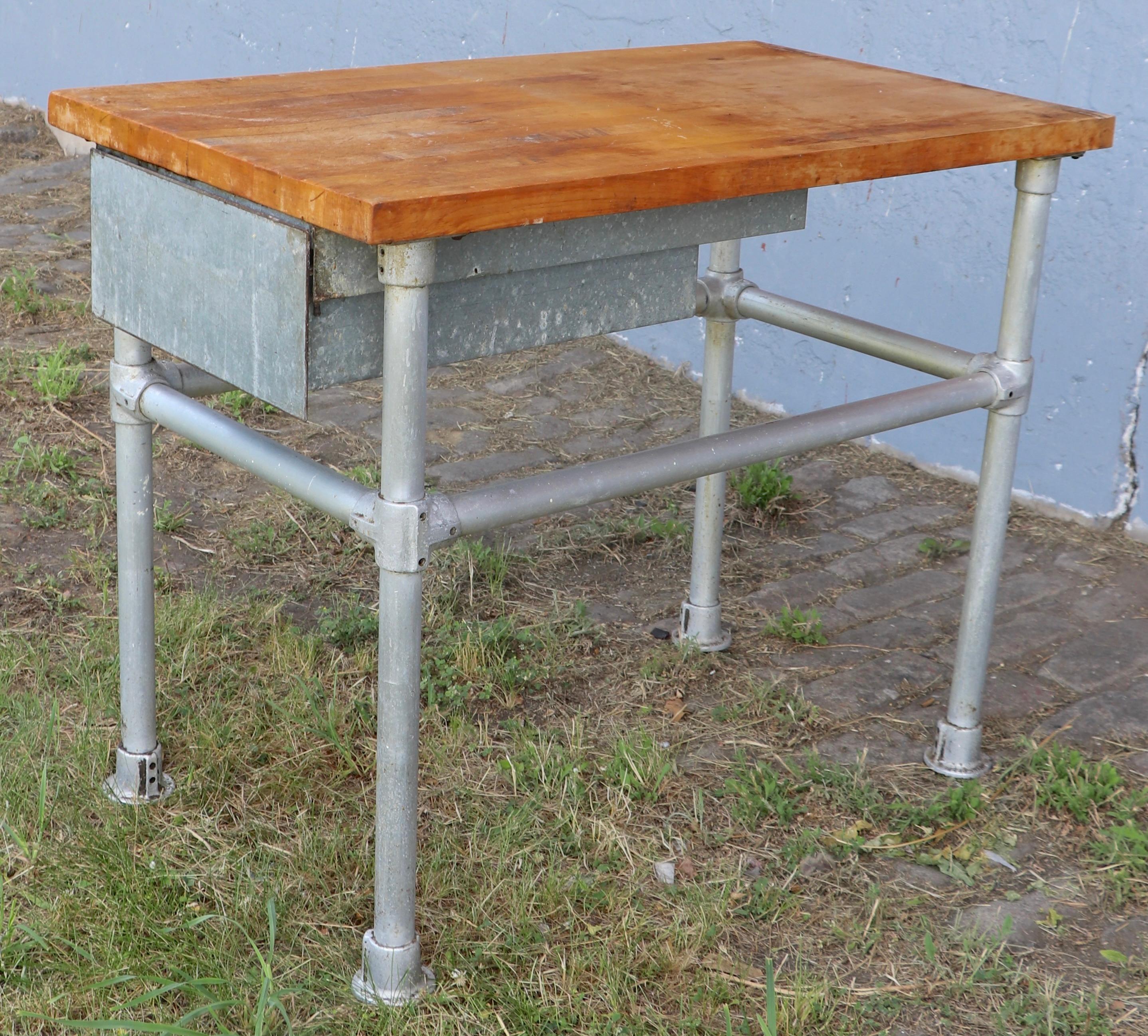 American Commercial Butcher Block and Iron Work Table with Storage Drawer