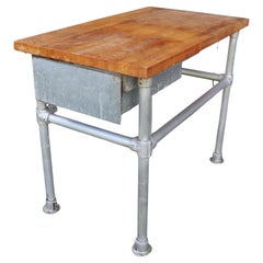 Commercial Butcher Block and Iron Work Table with Storage Drawer 
