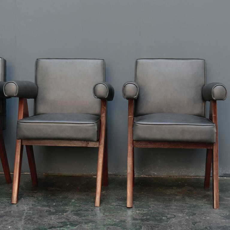 Mid-Century Modern Committee Chairs with Black Leather by Pierre Jeanneret