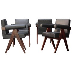 Committee Chairs with Black Leather by Pierre Jeanneret