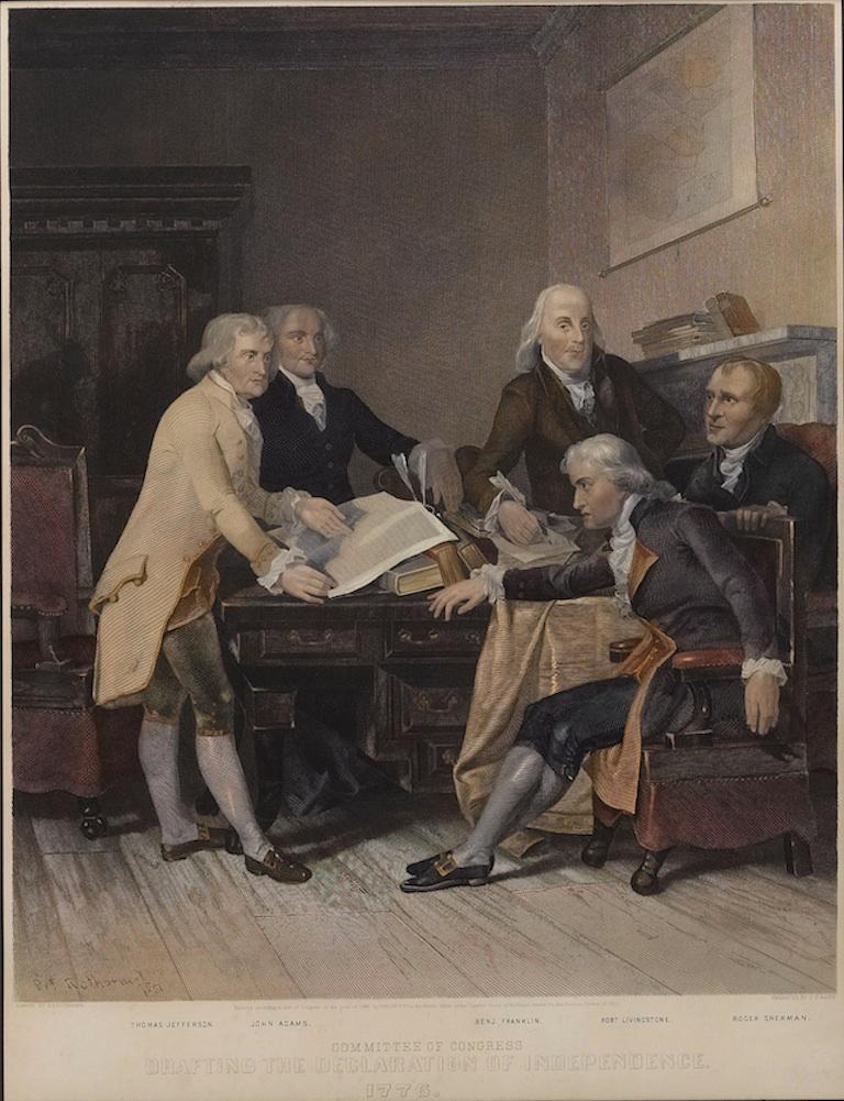 American Committee Drafting the Declaration of Independence, Antique Color Engraving 1865