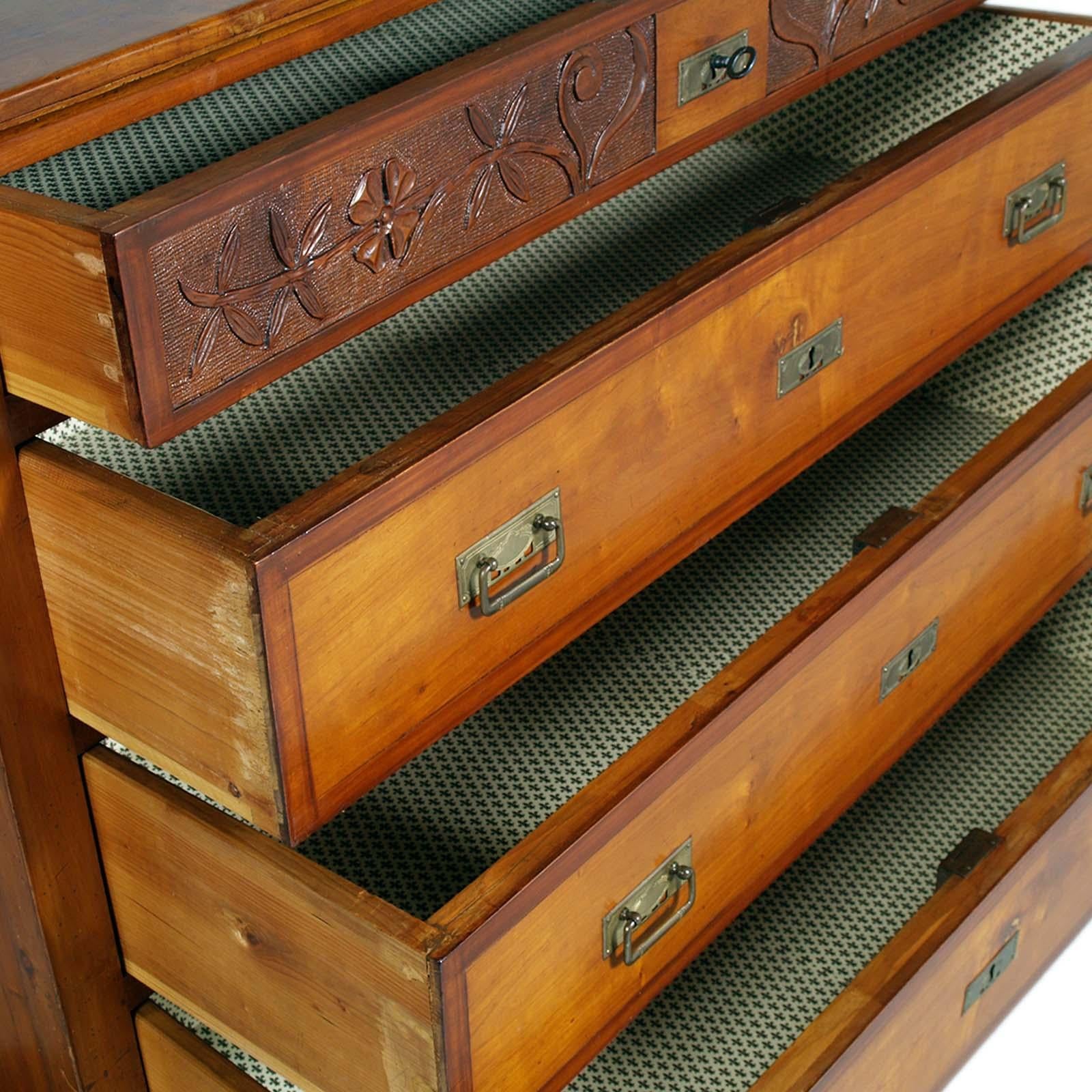 19th Century Commode Art Nouveau in Walnut , Four Drawers, Carved, Restored,  wax polished For Sale