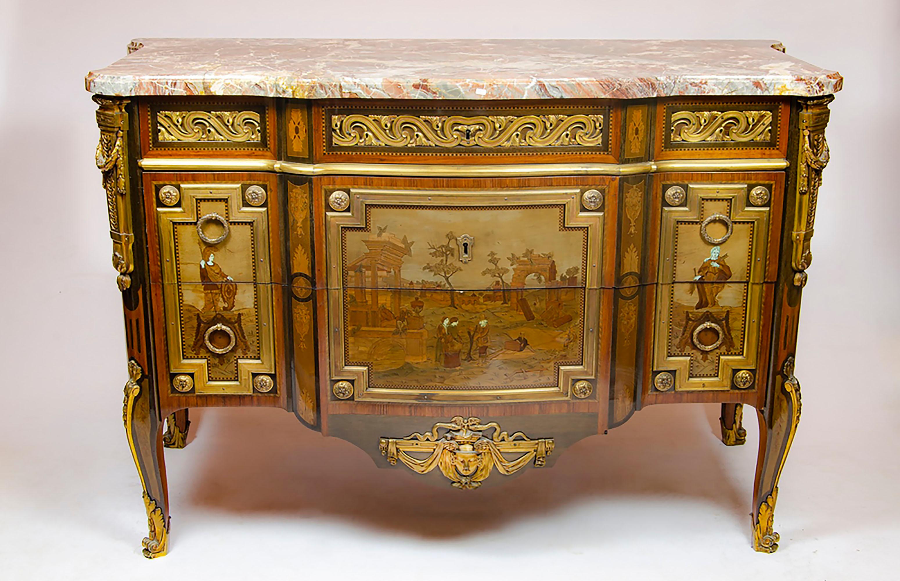 This form of commode or chest of drawers, with a 'breakfront' or projection section in the middle, was particularly favoured by the Parisian cabinet-maker Roger Vandercruse (1727-1799), although his was not the only workshop to produce them. A