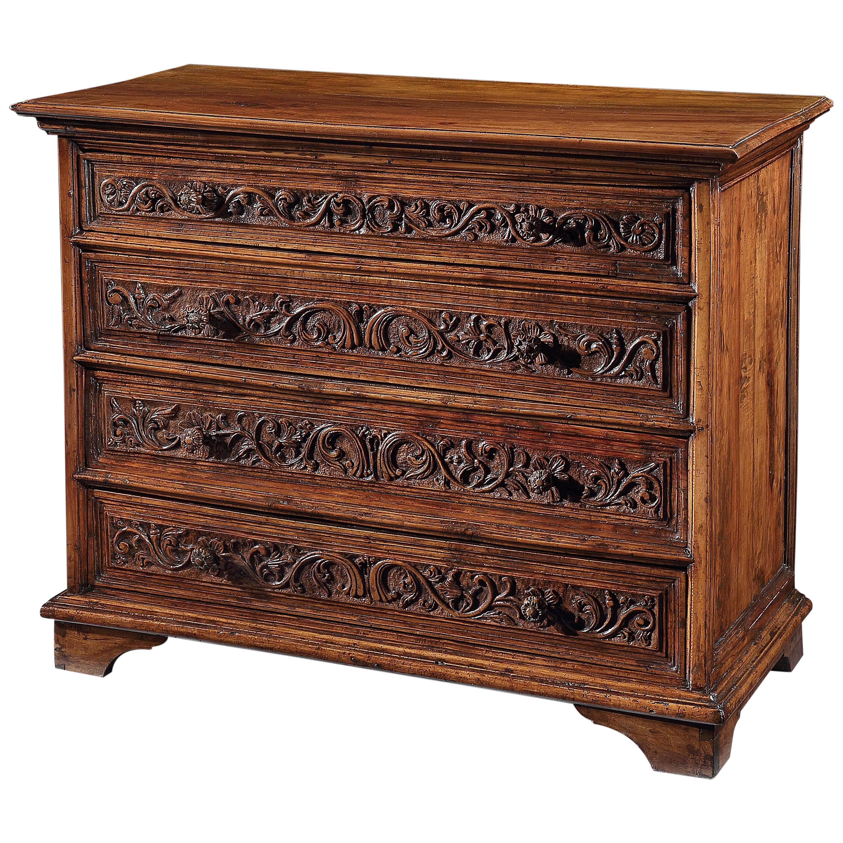 Commode Cassetone Chest of Drawers Italian Brescia Lombardy Walnut Carved Front