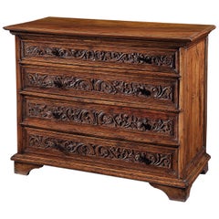 Antique Commode Cassetone Chest of Drawers Italian Brescia Lombardy Walnut Carved Front