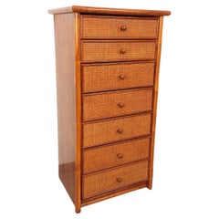 Commode chiffonnier semainier vintage en rotin, bois et cannage des années 70
