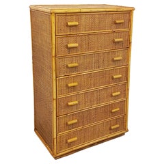 Commode chiffonnier vintage en rotin et rotin tressé des années 70