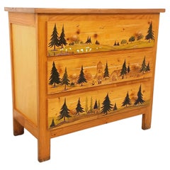 Commode en pin vintage avec décor paysage peint des années 70 80